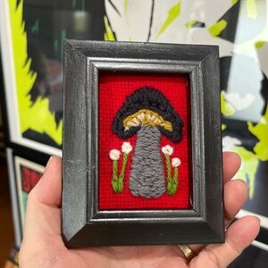 Framed Cactus and Mushroom crewel Embroidery Art repurposed frame